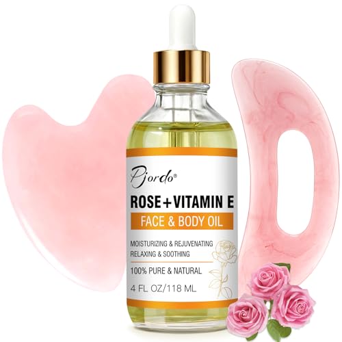 Vitamin E Rose Oil & Gua Sha Massage Tools Set, Gua Sha Oil for Face & Body, Organic Vitamin E Oil for Moisturizing and Hydrating, Anti Aging, Self Skin Care Gifts for Her Women