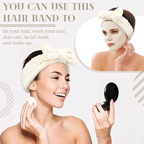 3-Pack Beige Bow Headbands for Makeup, Spa & Sports | Stretchable & Washable