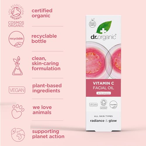 Dr. Organic Guava Vitamin C Moisture Boosting Oil | Hydrating & Brightening for Dull, Dehydrated Skin, With Tropical Guava Extract, 100% Natural Origin, Vegan, 30 mL / 1 fl oz