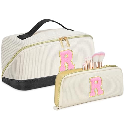 2pack Personalized Initial Travel Makeup Bag,Leather Waterproof Large Capacity Cosmetic Bags,Monogram Open Flat Toiletry Bag Make up Organizer Perfect for Women,Teen Girls,Birthday Gifts(Black R)