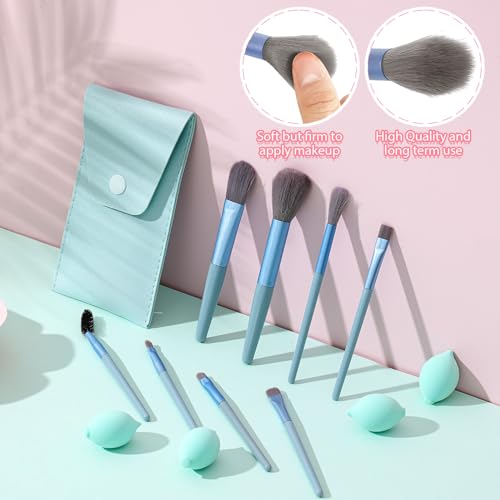 20 Pcs Travel Makeup Brush Set, 10 Mini Travel Brush Set with Bag and 10 Makeup Sponge Princess Party Favor Valentine's Day Gift for Women Home Party(Blue)