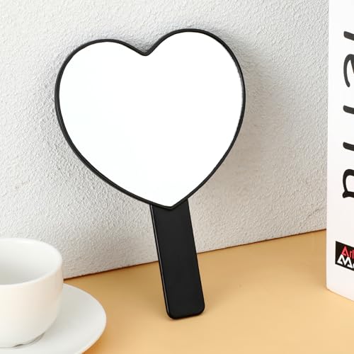 TIESOME Black Heart-Shaped Handheld Mirror - Portable Drop-Resistant Cosmetic Mirror for Women