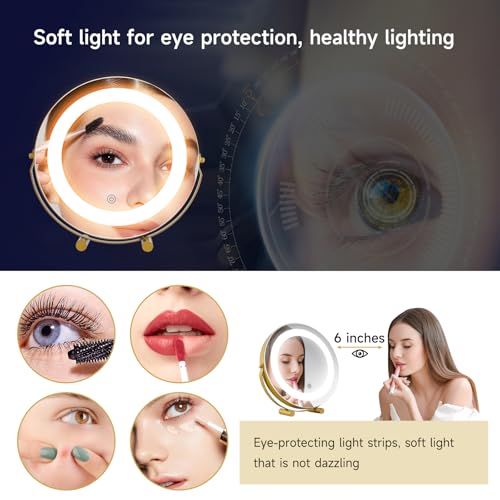 Modern LED Vanity Mirror with Touch Control, Round Gold Metal Frame, Makeup Mirror with Stand for Bathroom, Bedroom, Dressing Table