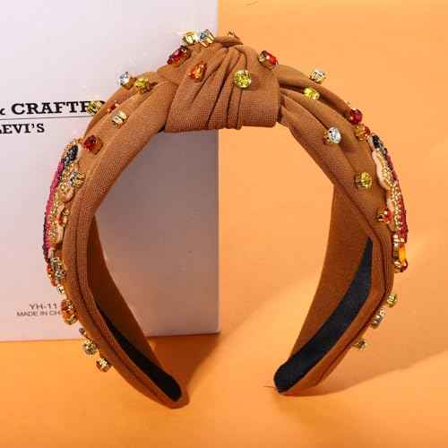 Thanksgiving Headband for Women Fall Accessories Beaded Pumpkin Headband Jeweled Rhinestone Crystal Knotted Hairband Thanksgiving Fall Hair Accessory Gifts (Turkey 4- Brown)