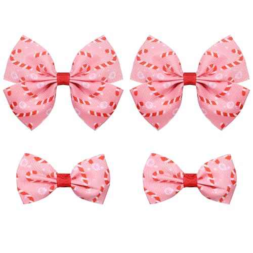 4pc Christmas Pink Candy Cane Ribbon Hair Bow Clips for little Teen Toddler Baby Girls, Cute Handmade Bow-knot Alligator Barrettes Kids Xmas Tree Wreath Decor Accessories Gift