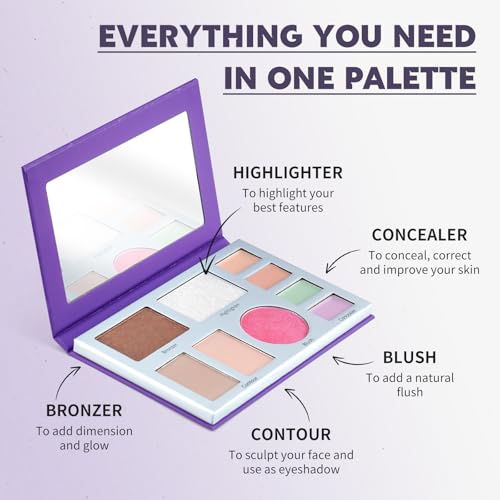 Color Nymph All In One Makeup Palette, 9 Colors Travel Make Up Set with Contour Blush Highlighter Concealer, Multi-Use Face Palettes with Mirror, Vegan & Cruelty-Free