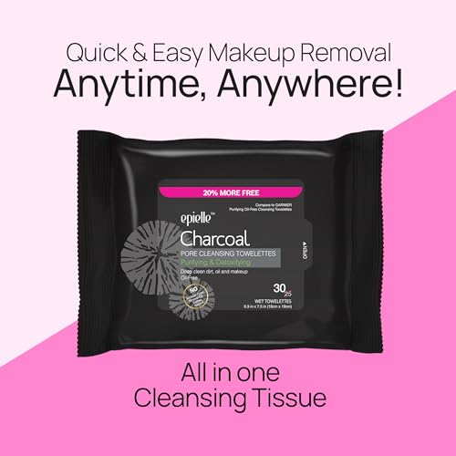 Epielle Charcoal Makeup Remover Wipes, Pore Cleaning Facial Cleanser Towelettes, Purifying & Detoxifying, Remove Dirt, Oil, Waterproof Mascara, Stocking Stuffers, 30 Count (Pack of 6)