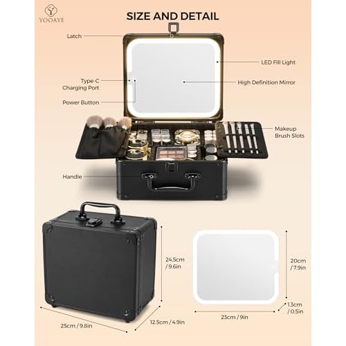 Makeup Box with Detachable Lighted Mirror?Travel Train Case, Cosmetic Storage Organizer & Makeup Suitcase with Adjustable Dividers & Magnetic LED Mirror (Black)