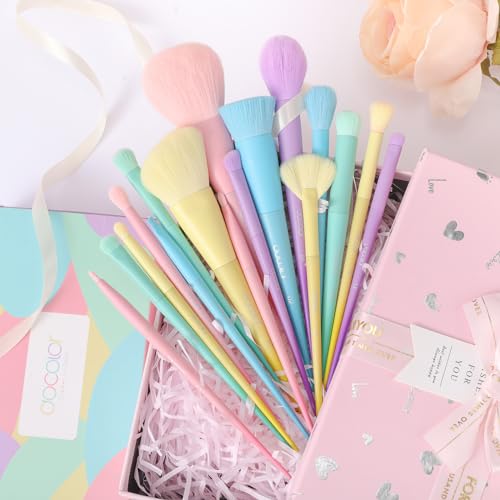 Docolor 17Pcs Colourful Makeup Brush Set + Makeup Brushes Cleaner Set,Premium Synthetic Kabuki Foundation Blending Rainbow Make Up Brush Set with Solid Soap Cleanser & Color Removal Sponge