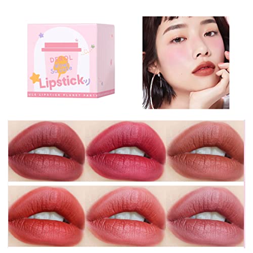 Mini Star Lipstick Set, 6Pcs Cute Long Lasting Matte Lipstick Set, Portable Colorful Velvet Lipsticks with Pink Cup, Suitable for Various Makeup