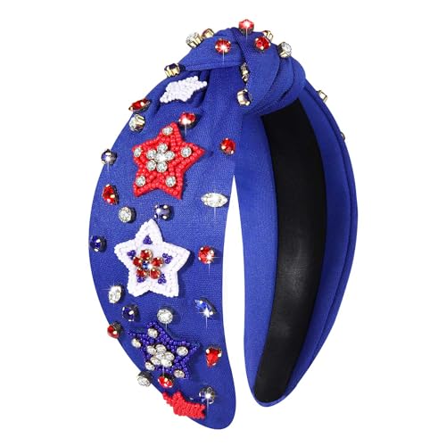 NVENF Pearl Crystal Rhinestone Knotted Headbands, Patriotic Accessories Outfits for Women Holiday Gifts (American Flag Design)