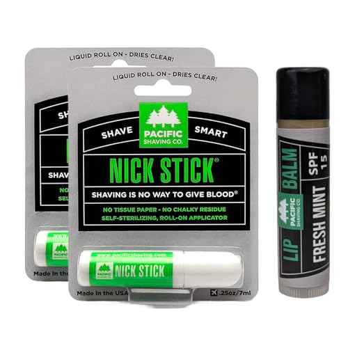 Pacific Shaving Company 2 Nick Sticks + 1 Fresh Mint Lip Balm SPF 15 - A Shave Essential - Puts Nicks in Their Place - Liquid Roll-On Applicator, Dries Clear - With Vitamin E & Aloe Vera (3 Pieces)
