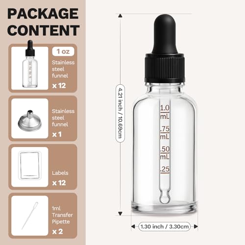 12-Pack 1oz Clear Glass Dropper Bottles 30ml Tincture Set