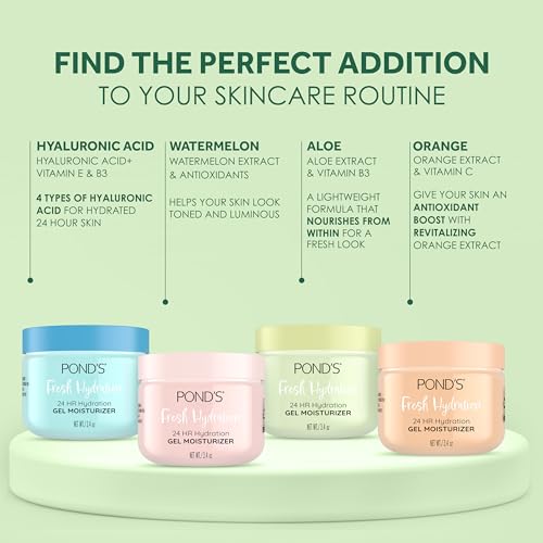 POND'S Fresh Hydration Gel Moisturizer ? 24 HR Hydration with Aloe Vera Extract,Vitamin E & B3 Niacinamide ? Alcohol & Oil-Free Face Moisturizer-? Dermatologist Tested,3.4 oz,(Pack of 2)
