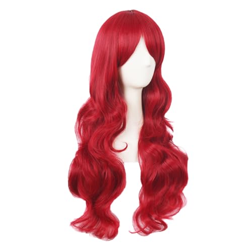 MapofBeauty 28 Inch Long Curly Red Wig with Side Bangs