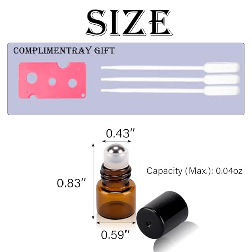 60 pack 1ml Amber Glass Roller Bottles for Essential Oils Refillable Roll-on Applicator with Stainless Steel Roller Balls Mini Leak-proof Makeup Containers with Pipettes and Bottle Opener