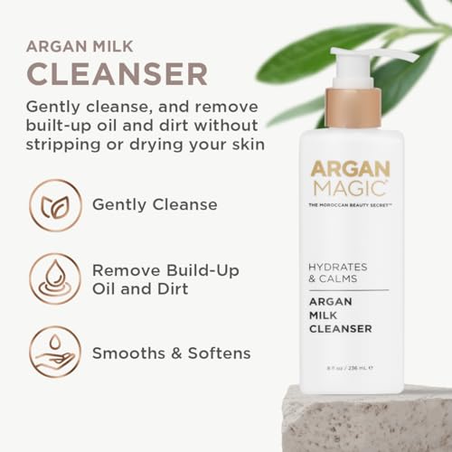 Argan Magic Hydrates & Calms Argan Milk Cleanser - Gently Cleanses and Removes Built-Up Oil and Dirt | Hydrates, Calms, and Soothes | Paraben Free, Cruelty Free, Made in USA (8 Fl Oz)