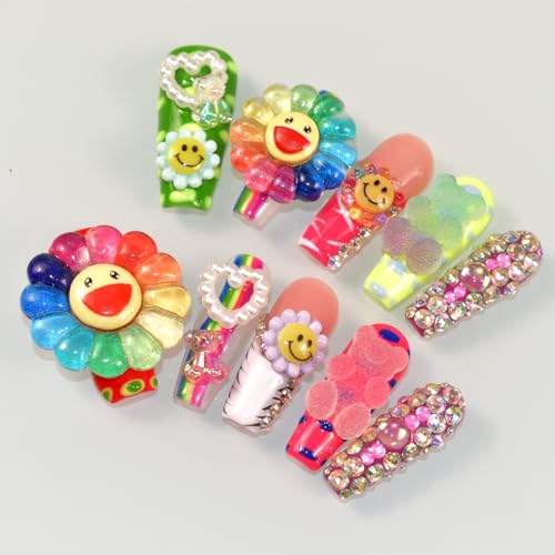 Flower Press on Nails Handmade with Full Covered Crystals Reusable Full Cover Long Coffin Stick On Nails, Size Medium