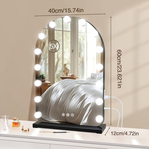 Vanity Mirror with Lights, 15.7" x 23.6" Hollywood Lighted Makeup Mirror with 15 Dimmable LED Bulbs for Dressing Room Bedroom Black