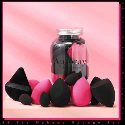 14 Pcs Makeup Sponges,Beauty Sponges Blender with 4 Pcs Powder Puff and 4 Pcs Mini Make up Sponges Valentine's Day Gift,Mother's Day Gift for Women Liquid,Foundation,Powder,Concealer(Black,Hot pink)