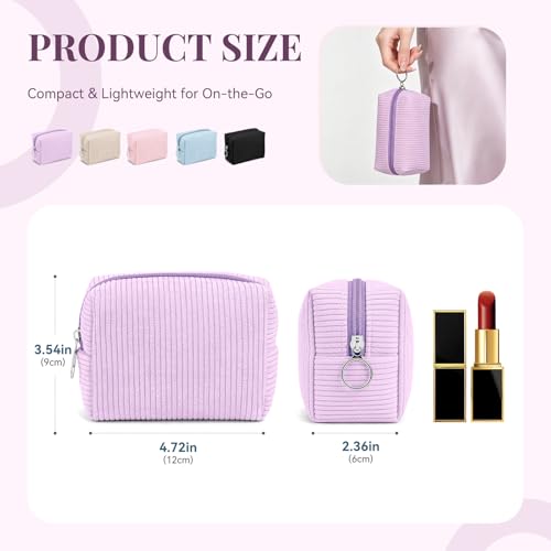 MAGEFY Corduroy Makeup Bag - Small Purple Travel Cosmetic Pouch with Zipper