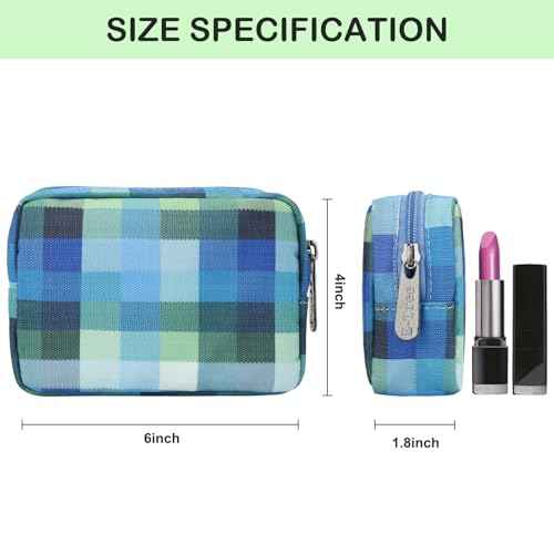 E-Tree Cute Small Makeup Bag,Cosmetic Toiletry Make up Little Items Pouch for Purse,Zipper Mini Tech Charger Cable Electronic Organizer Case,Travel Accessories for Women Men Teen,Blue Checkered