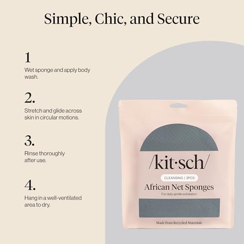 Kitsch African Net Sponge Aqua Grey 3-Pack - Exfoliating Body Scrubbers for Smooth Skin