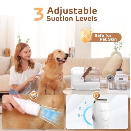 HEAPETS White Pet Hair Grooming Vacuum Kit with 7 Tools, 3L Capacity, Low Noise