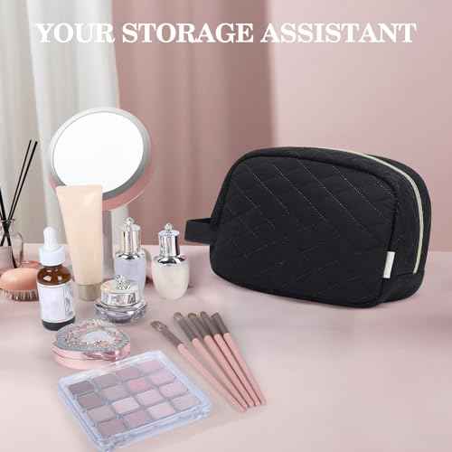 MAXTOP Black Quilted Makeup Bag Small Makeup Pouch for Women Travel Essentials Waterproof Travel Bag for Cosmetics Toiletries Accessories£¨Black£©
