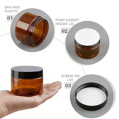 TUZAZO 4oz Amber Plastic Cosmetic Jars Leak-Proof Pack of 6 with Lids & Labels