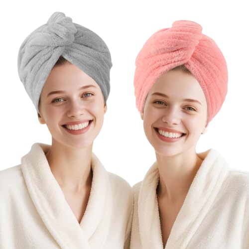 Microfiber Hair Drying Towel Wrap 2-Pack Gray & Pink
