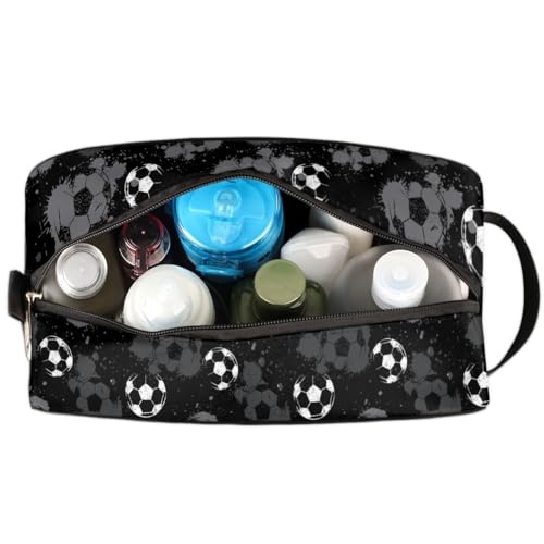 Kids Travel Toiletry Bag - Black White Soccer Ball Waterproof Hanging Cosmetic Hygiene Bags for Boys Men - Large Shave Kit for Toiletries Accessories Bathroom Stuff
