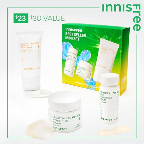 innisfree Hydrate + Protect Mini Set of Korean Serum, Cream and Suncreen with Green Tea and Hyaluronic Acid