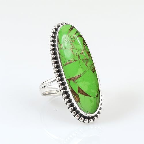 Green Copper Turquoise Handmade Ring 925 Sterling Silver Green Stone Ring For Women Gift For Birthday, Wedding Parties Best Gift For Her Oval Shape Turquoise Gemstone Ring By NKG