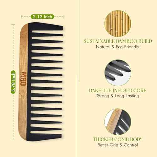 OBW Bamboo Wide Tooth Comb ? Detangler for Curly, Thick & Natural Hair ? Dimensions: 5.8x2.1 in, 1.1 oz - Lightweight & Durable Bakelite-Infused Comb for Men & Women ? Anti-Frizz Hair Tool by ORW