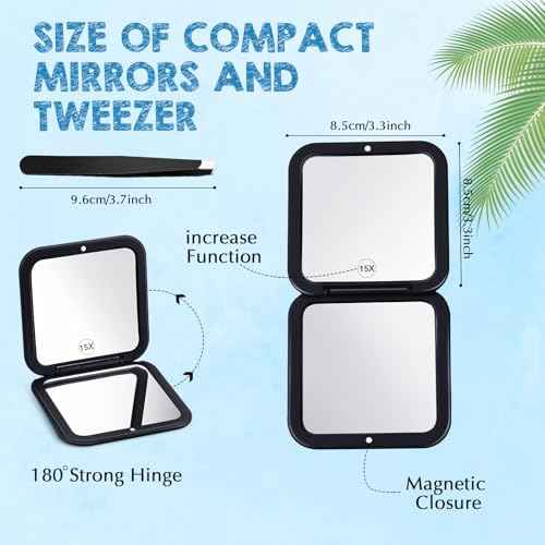 Geetery Travel Compact Magnifying Mirror with Tweezers, 1X/15X Magnification, 3.35'' x 3.35'' Pocket Size, Folding Makeup Mirror, Portable for Travel and Purses (Black)
