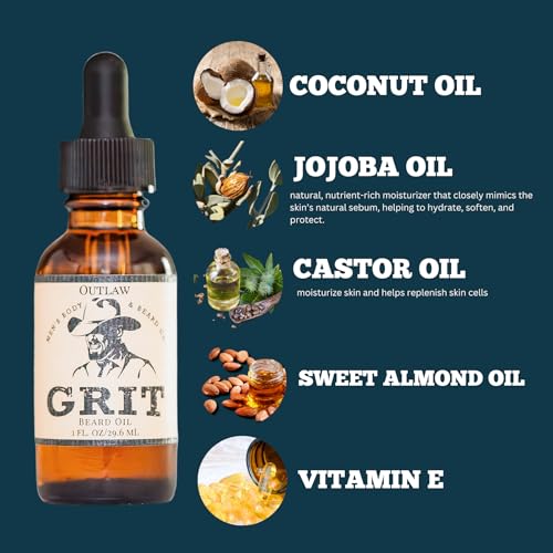 GRIT Outlaw Premium Beard Oil (1 Fl oz) | Coconut Oil, Vitamin E | Beard Oil for Grooming | Hydrating Conditioning Oils | Softens Brittle & Dry Facial Hair |