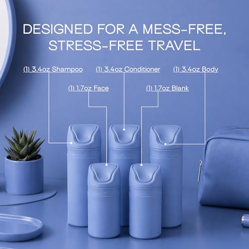 Runaway Blue 5 Pack Travel Bottles TSA-Approved Leak-Proof Toiletry Containers