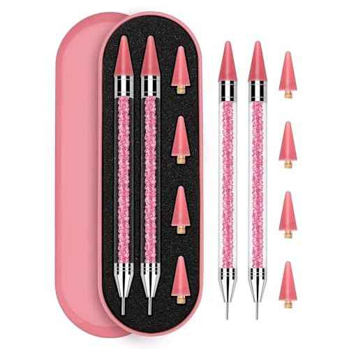 Rolybag Rhinestone Picker Tool, 2PCS Rhinestone Applicator Tool Dotting Wax Pen Dual-Ended with 4PCS Replaceable Wax Tips for DIY Nail Art Tool (Pink)