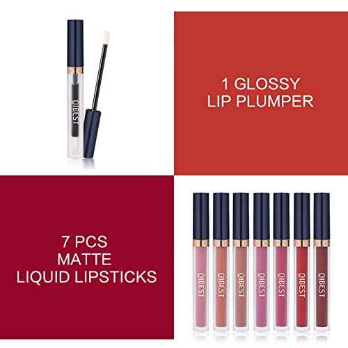 QiBest 7Pcs Matte Liquid Lipstick + 1Pcs Lip Plumper Makeup Set Kit, Pigmented Long Lasting Lip Gloss Set, Velvet Waterproof Halloween Lip Makeup Valentine's Gift Sets for Girls and Women