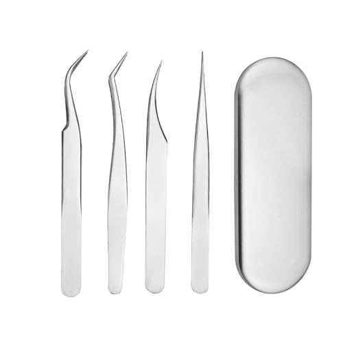 Professional Stainless Steel Eyelash Extension Tweezers, Straight and Curved Lash Tweezers Set for Eyelash Extension Artists Girls Women Beginners Tool (4Pcs/Set Eyelashes Tweezers)
