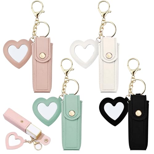 Arvintas 4 Pack PU Leather Lipstick Holder Keychain with Mirror