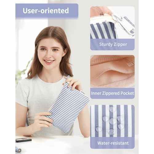 Narwey Small Striped Makeup Bag for Purse Travel Makeup Pouch Cosmetic Bag Zipper Pouch Bags for Women (Greyish Blue Stripe)