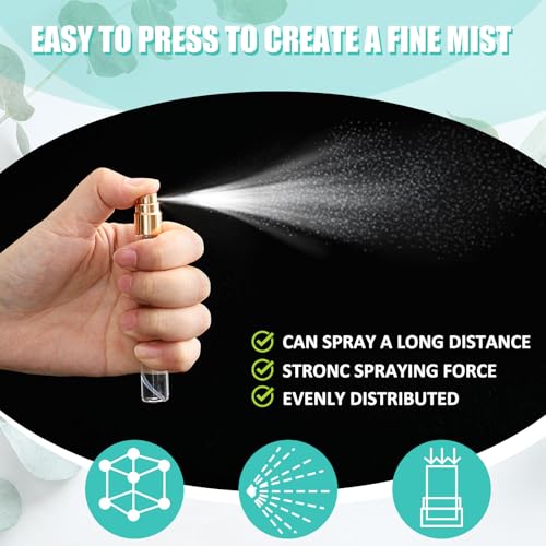 Zhehao 100 Pcs Mini Spray Bottles 10 ml Clear Glass Perfume Bottles Refillable Fine Mist Perfume Atomizer Portable Empty Sample Containers for Cleaning, Essential Oils, Travel (Gold Cap)