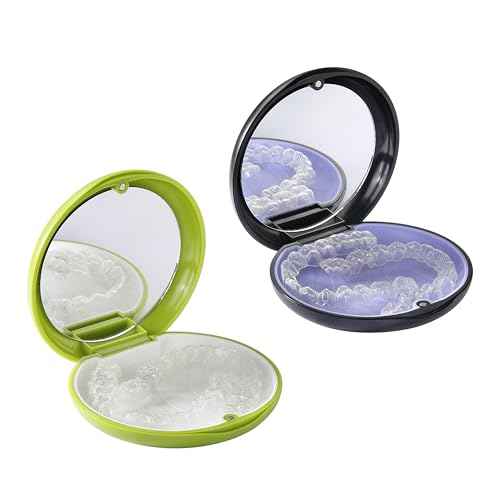 2 PCS Retainer Cases, Compatible with Invisalign, Mouth Guard Case with Mirror, Suitable for Storage Retainer Removal Tool, Chewy, and Brush (1PCS Green White+1PCS Black Purple)