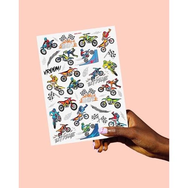 xo, Fetti Dirt Bike Temporary Tattoos Party Decorations - 48 Silver Foil | Birthday Party Decorations, Motocross Accessory, Motorcycle Theme Favor, Boys Bicycle Gift + Supplies, Checker Flag D?cor