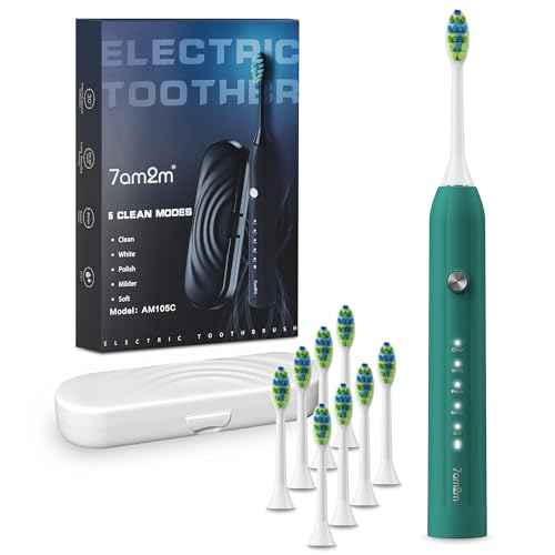7AM2M Sonic Electric Toothbrush for Adults and Kids, with 8 Brush Heads and Travel Case,5 Modes with 2 Minutes Built in Smart Timer, One Charge Use for 90 Days,Rechargeable Toothbrushes(Peacock Green)