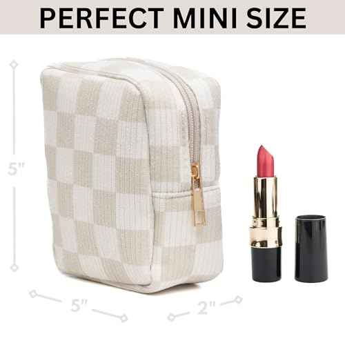 Mini Makeup Bag, Small Makeup Bag for Purse, Small Cosmetic Bag for Purse, Small Cosmetic Bag, Checkered Pouch, Cute Mini Pouch, Small Medecine Bag, Makeup Bag Small (Beige)