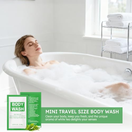 Travel Size Body Wash Packet Bulk Pack of 200,Individually Wrapped 0.35 fl oz(10 ml) Disposable Small Mini Bath Shower Gel Toiletries Supplies for Hotel,Guests,Homeless,Charity,Gym