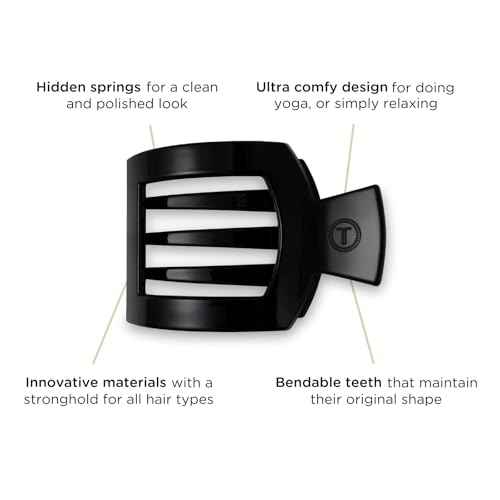 TELETIES - Small Flat Square Clip - For Lying Down, Yoga, Driving & More - Strong Grip, Bendable Teeth, Comfortable Curved Design - Ideal for Thin-Medium Hair - Core Collection - Jet Black
